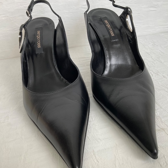 Sergio Rossi Dressy Slingbacks Pumps Heels Pointed Toe Black Leather w Silver 38 - Picture 4 of 16